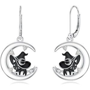 925 Sterling Silver crescent cat Patriotic earrings for Women